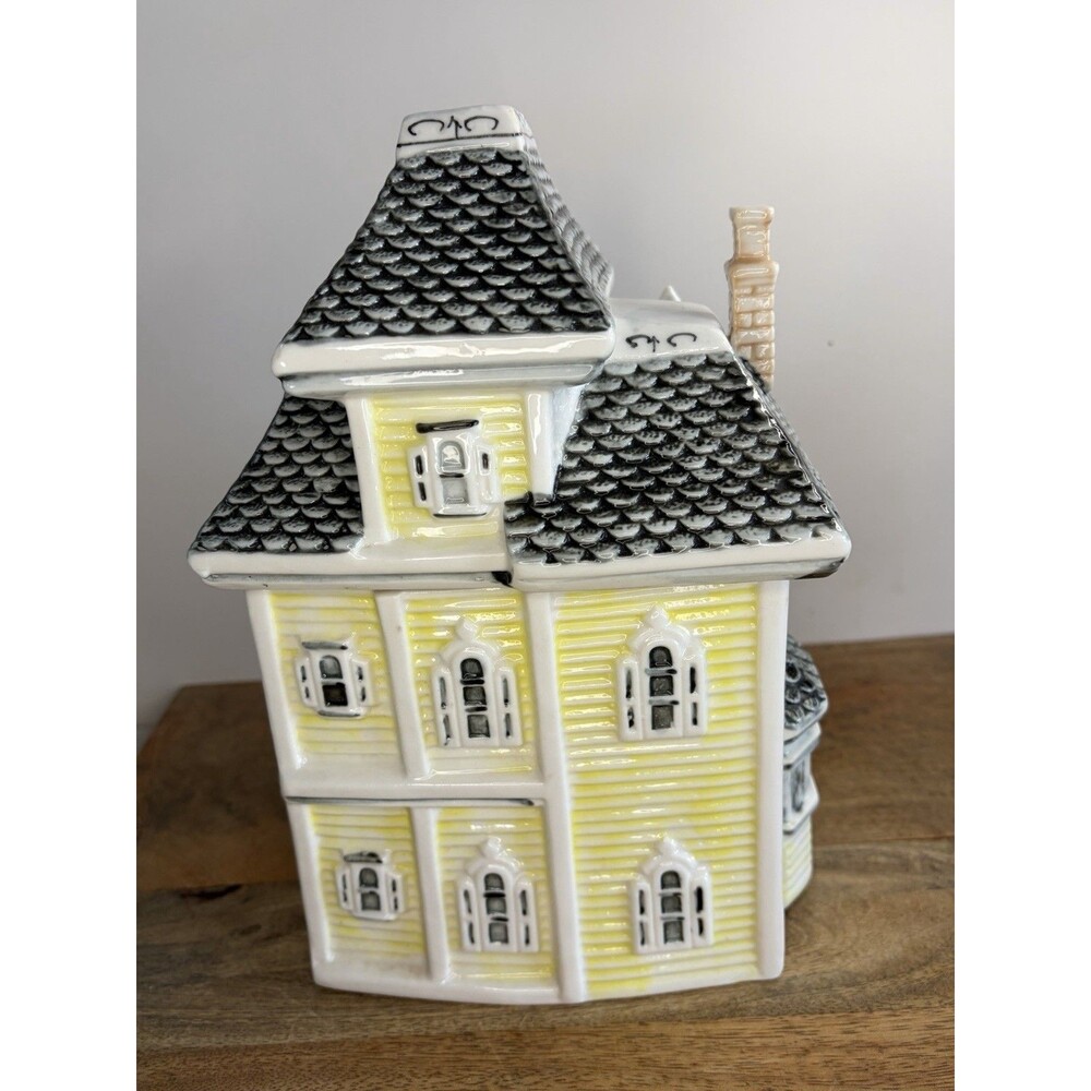 Victorian House Cookie Jar Canister Yellow Gray Vintage - Picture 3 of 14